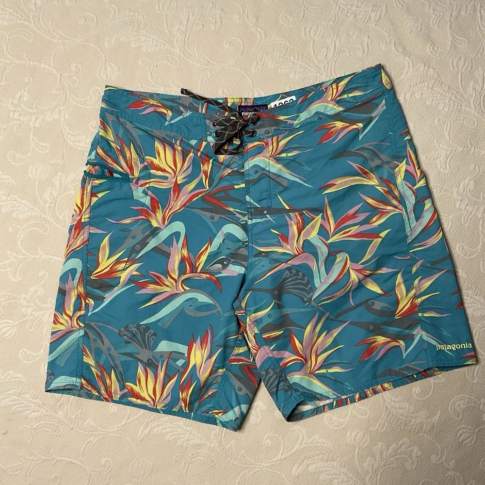 Patagonia Swim Trunks Men 35 Blue Floral Bird Of Paradise Wavefarer Board Shorts